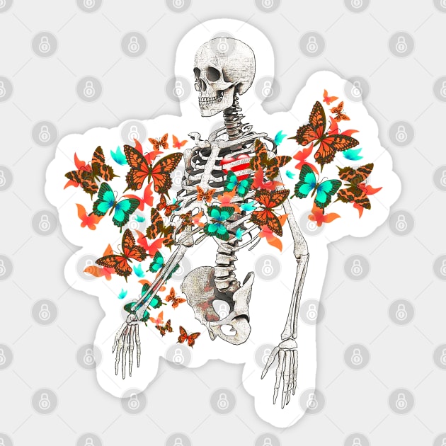 Human skeleton and colorful vibrant butterfles, memento mori, watercolor art, cool, anatomy art Sticker by Collagedream